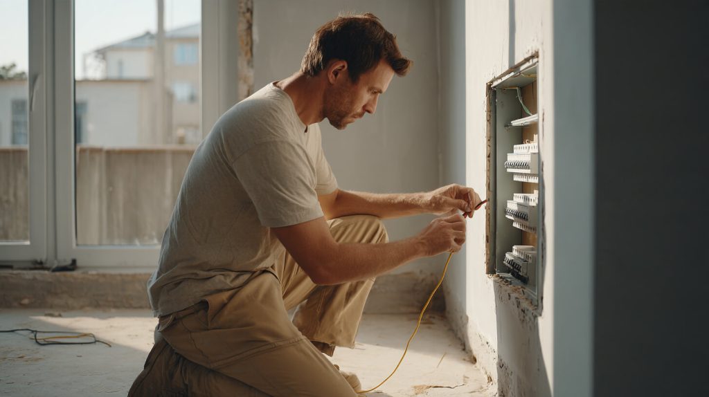 Een elektricien plaatst nieuwe aardlekautomaten in een open meterkast tijdens een verbouwing van een woning