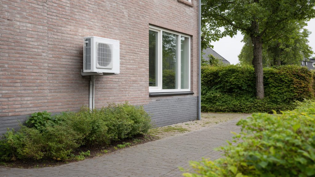 Een witte buitenunit van een airconditioning bevestigd tegen de bakstenen gevel van een woning, met een net weggewerkte leidingkoker naar beneden