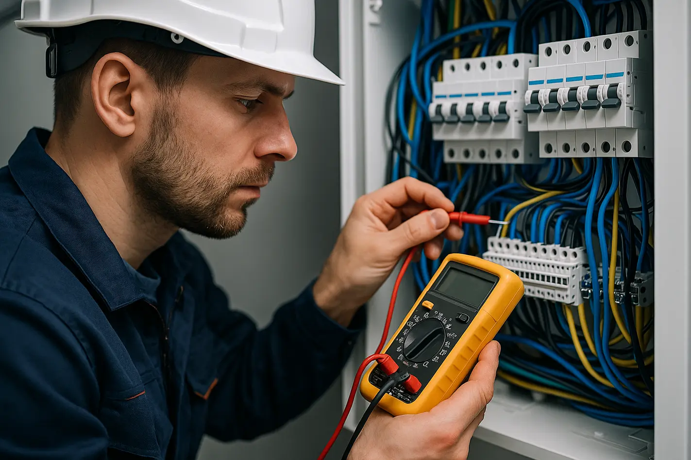 Elektricien controleert bedrading meterkast voor veilige aansluiting airco